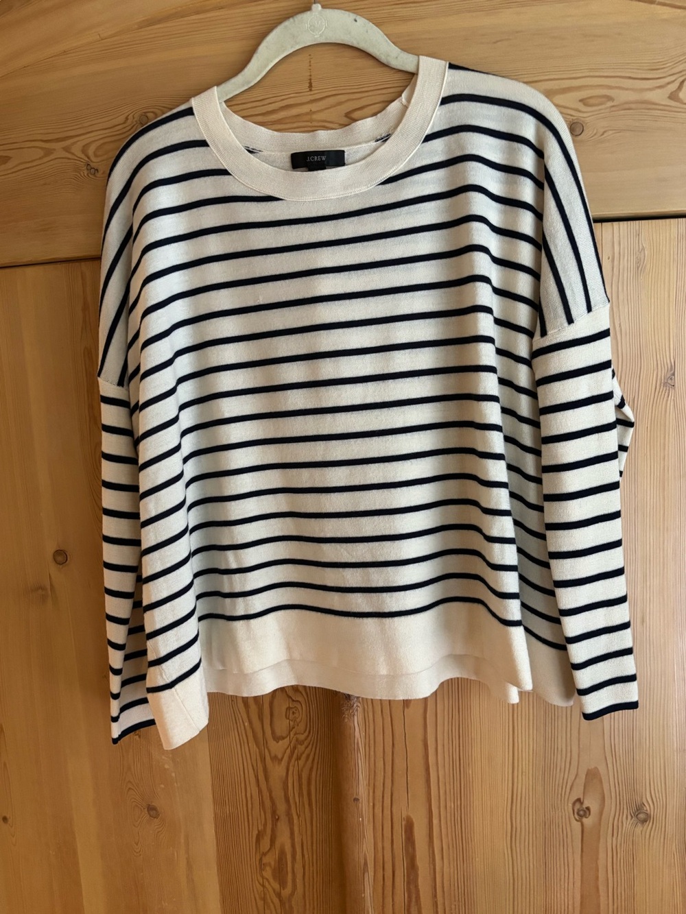 J. Crew Cream and Black Striped Crewneck Sweater
